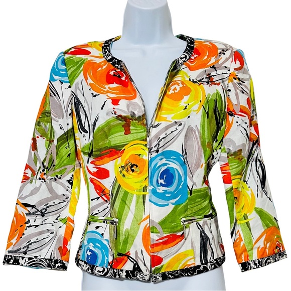 Peter Nygård Floral Zip Front Jacket Multicolor Painterly Print Size 10 - Picture 2 of 12